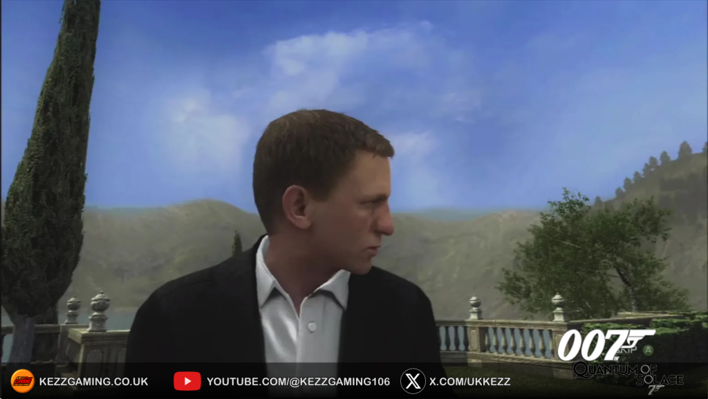 007 Quantum of Solace Xbox 360 cutscene screenshot showing Daniel Craig as James Bond on a scenic terrace