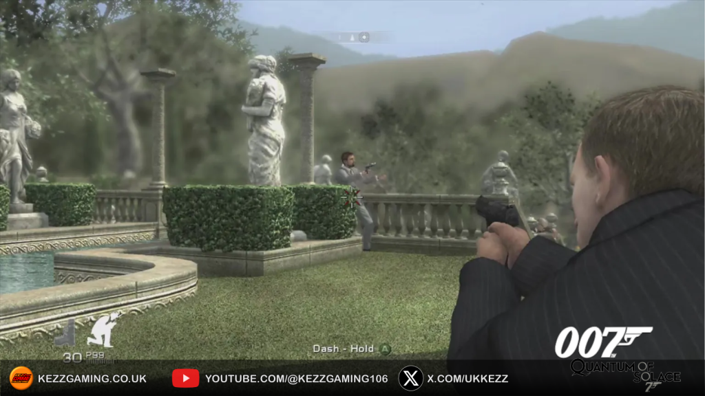 007 Quantum of Solace Xbox 360 gameplay screenshot - over the shoulder view of James Bond aiming handgun during garden shootout