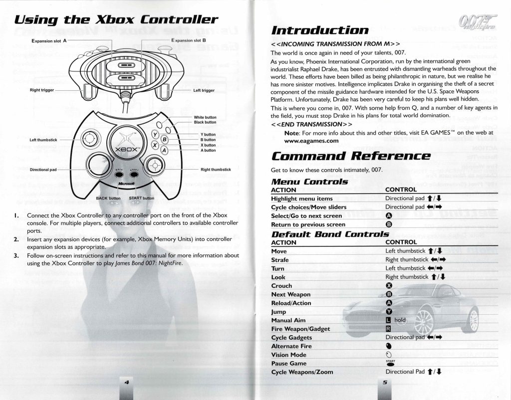 007 Nightfire Xbox Original controller layout and menu controls from original PAL instruction manual