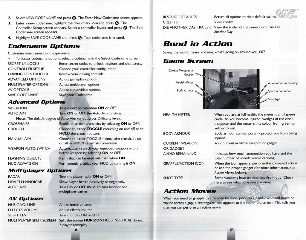 007 Nightfire Xbox Original Q gadgets and Aston Martin V12 Vanquish driving section from original manual