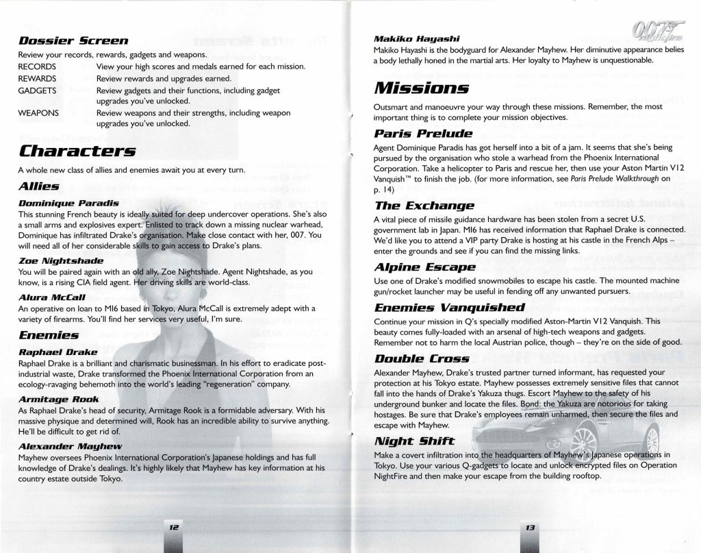 007 Nightfire Xbox Original characters, missions list and dossier screen from original PAL manual