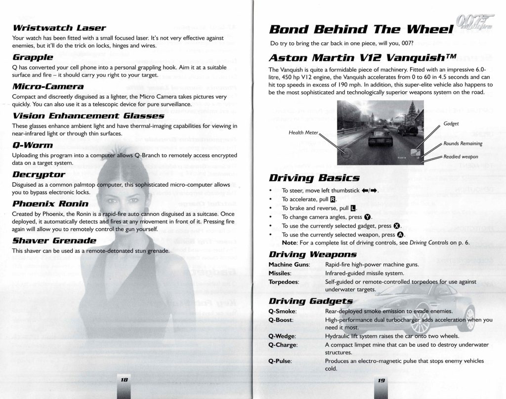 007 Nightfire Xbox Original Q gadgets wristwatch laser grapple and Aston Martin V12 Vanquish driving section from original PAL manual