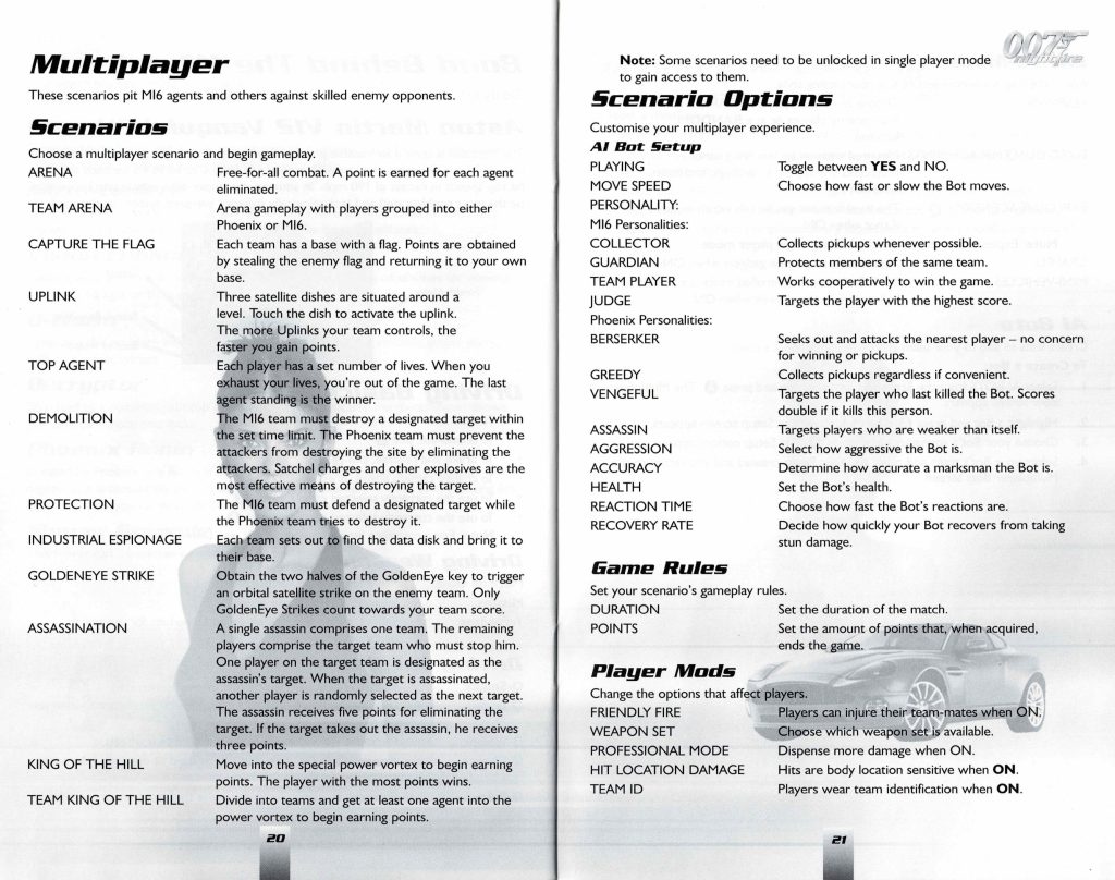 007 Nightfire Xbox Original multiplayer scenarios AI bots and game rules from original PAL instruction manual