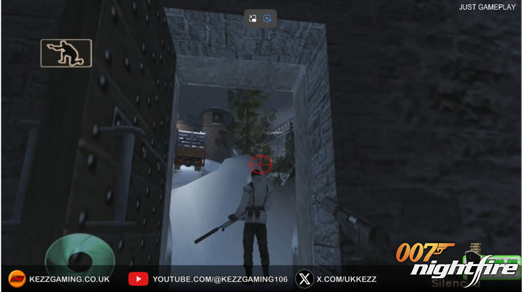 007 Nightfire Xbox Original gameplay screenshot - first person sniper scope view aiming at enemy