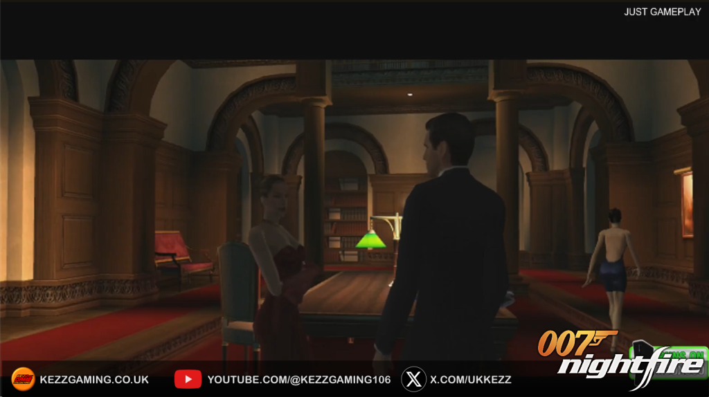 007 Nightfire Xbox Original gameplay screenshot - Bond in formal attire inside luxurious mansion or casino room