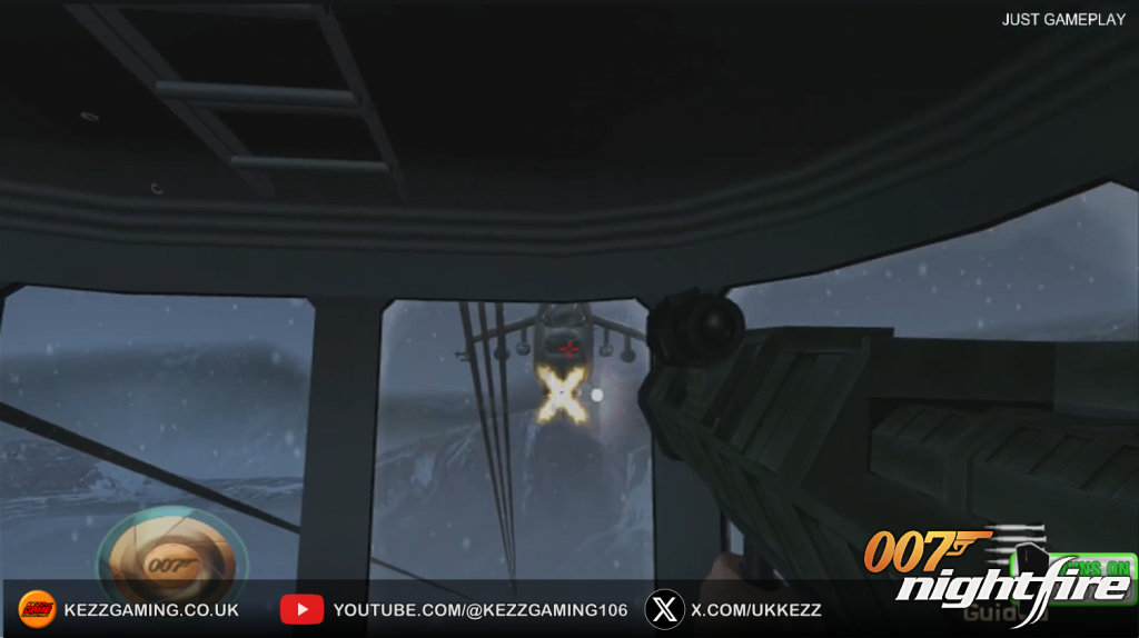 007 Nightfire Xbox Original gameplay screenshot - first person view inside helicopter firing guided missile