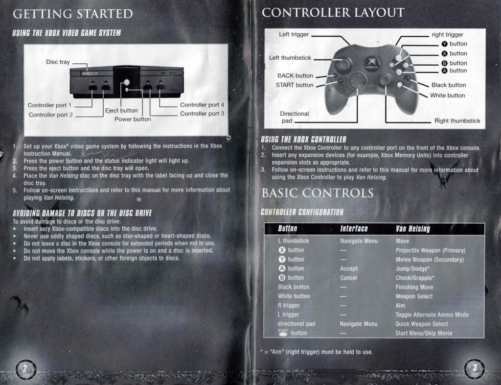 Van Helsing Xbox Original controller layout and getting started guide from original PAL instruction manual