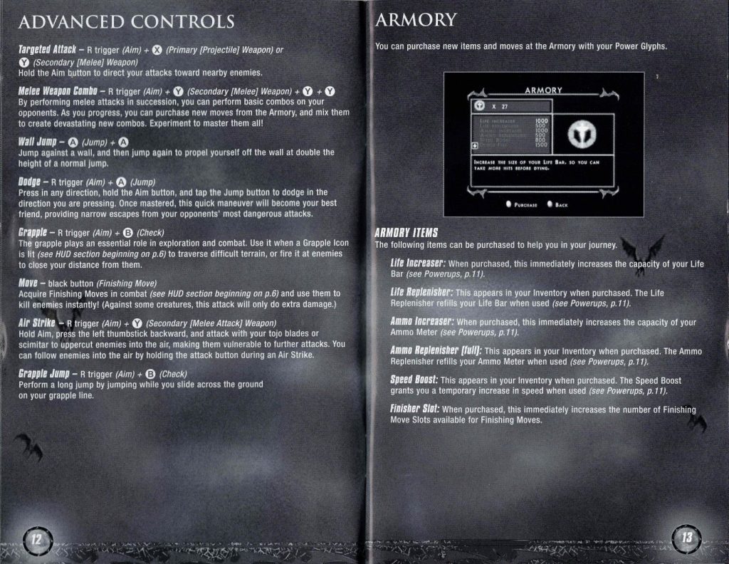 Van Helsing Xbox Original weapons list power glyphs and armory items from original PAL manual