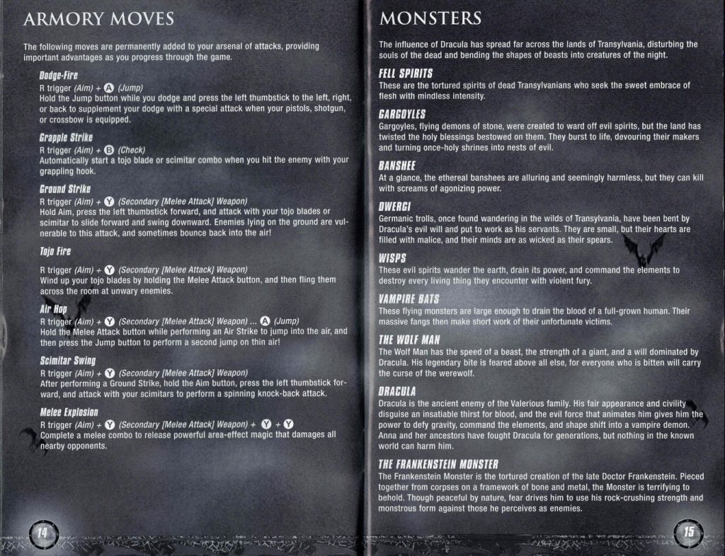 Van Helsing Xbox Original armory moves grapple combos and monsters guide including Dracula Wolf Man from original PAL instruction manual