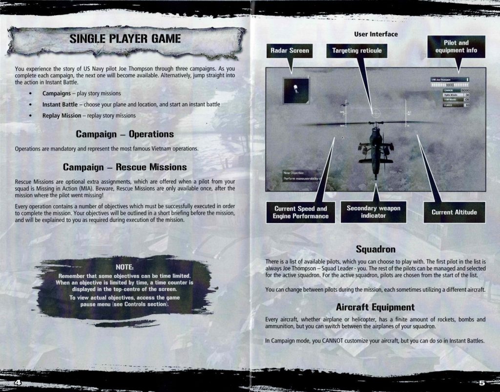 Air Conflicts Vietnam Xbox 360 single player campaign setup user interface and HUD explanation from original PAL manual