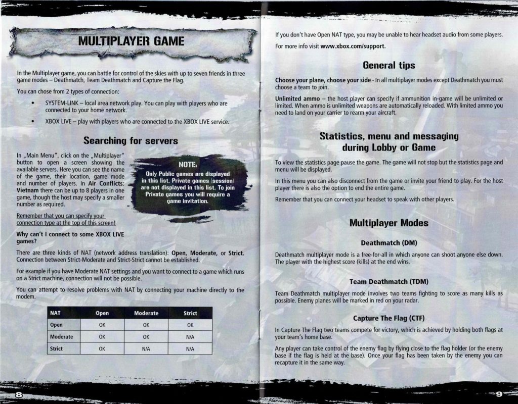Air Conflicts Vietnam Xbox 360 multiplayer modes deathmatch team deathmatch capture the flag and server search from original PAL instruction manual