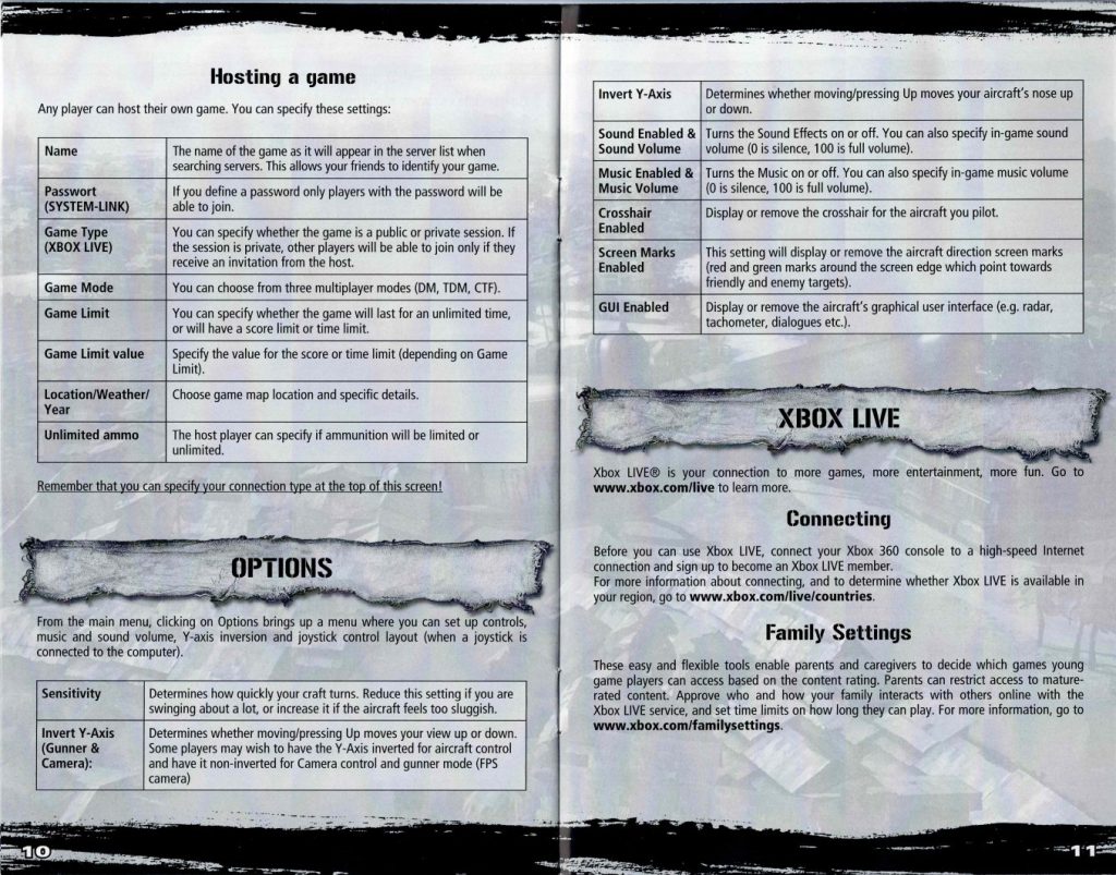 Air Conflicts Vietnam Xbox 360 options menu Xbox LIVE connection and family settings from original PAL instruction manual