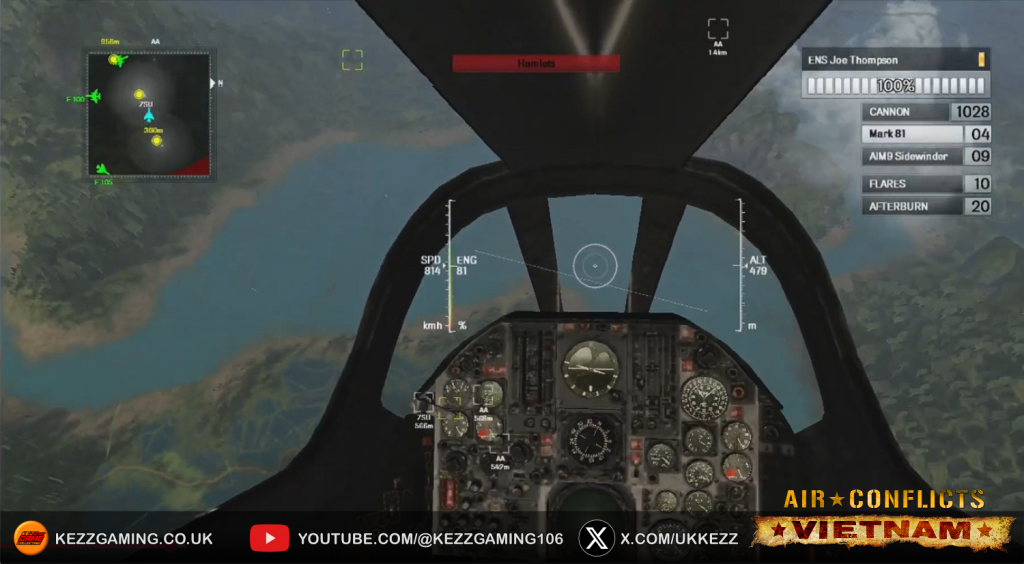 Air Conflicts Vietnam Xbox 360 gameplay screenshot - first person cockpit view inside fighter jet flying low over dense Vietnamese jungle with full HUD and instruments