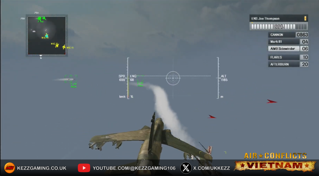 Air Conflicts Vietnam Xbox 360 gameplay screenshot - first person cockpit view in F-100 Super Sabre firing on MiG-15 enemy aircraft