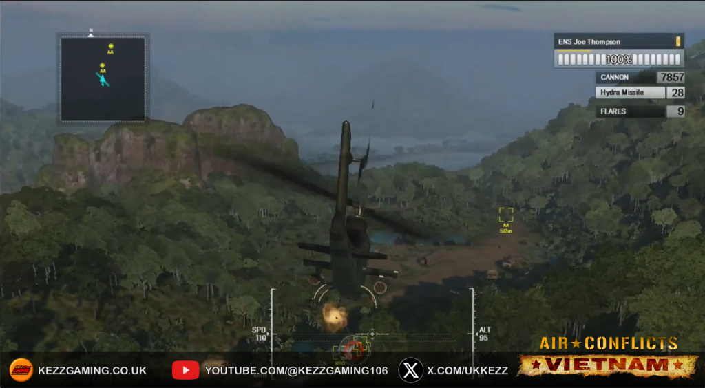 Air Conflicts Vietnam Xbox 360 gameplay screenshot - helicopter gunship view firing rockets over dense jungle terrain