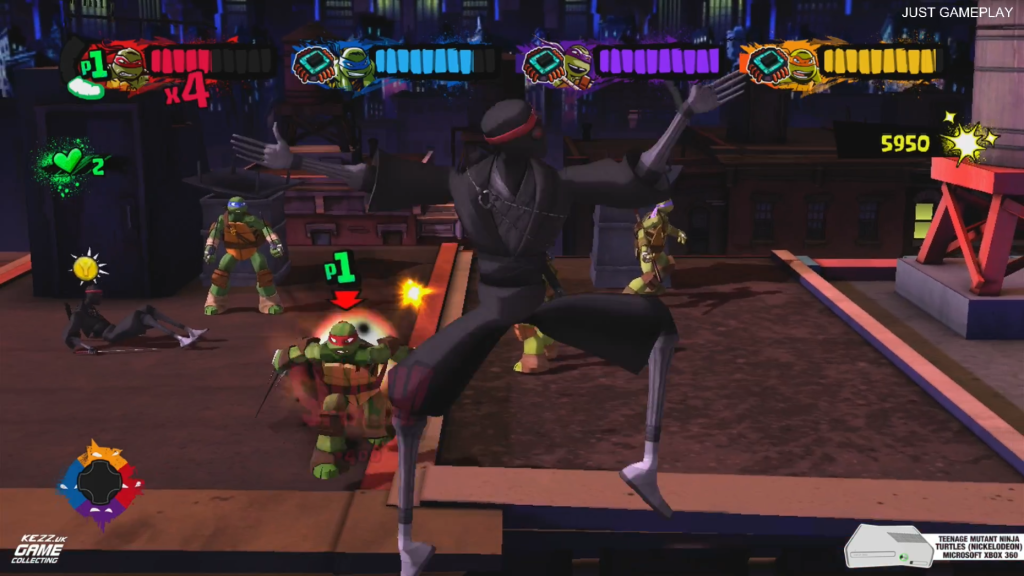 Nickelodeon Teenage Mutant Ninja Turtles 2013 Xbox 360 gameplay screenshot - Leonardo performing special attack on Foot Clan ninja with other turtles in background