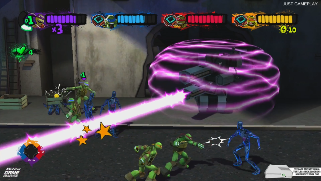Nickelodeon Teenage Mutant Ninja Turtles 2013 Xbox 360 gameplay screenshot - turtles firing purple energy beam special attack at Kraang robots