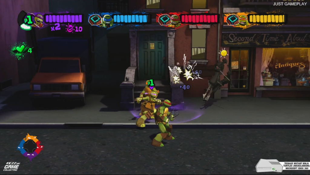 Nickelodeon Teenage Mutant Ninja Turtles 2013 Xbox 360 gameplay screenshot - Leonardo performing powerful kick attack on Foot Clan ninja with other turtles fighting in background