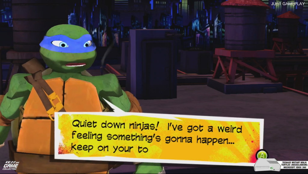 Teenage Mutant Ninja Turtles 2013 Xbox 360 gameplay screenshot - Leonardo warning the team with speech bubble "Quiet down ninjas! I've got a weird feeling something's gonna happen..."
