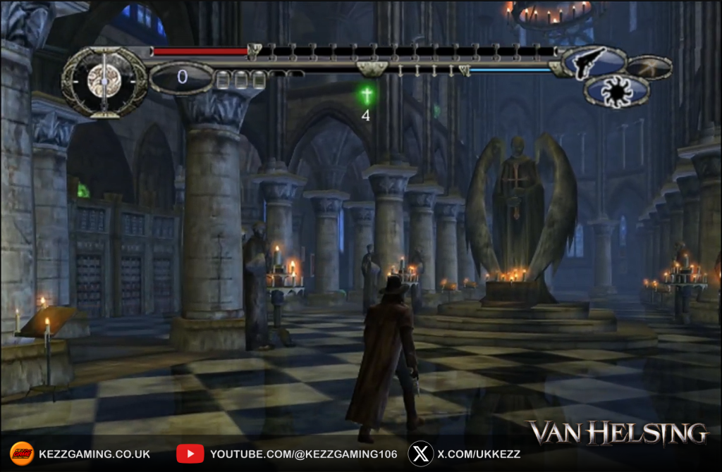Van Helsing Xbox Original gameplay screenshot - exploring dark gothic cathedral interior with angel statue and candlelight