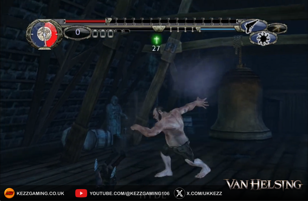 Van Helsing Xbox Original gameplay screenshot - melee combat against giant Dr Jeckal monster in wooden interior