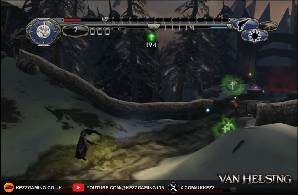 Van Helsing Xbox Original gameplay screenshot - snowy forest environment fighting enemies with green power glyphs