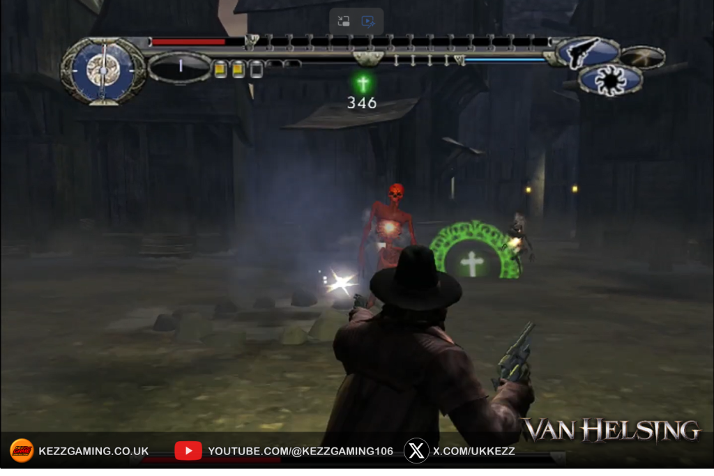Van Helsing Xbox Original gameplay screenshot - first person view shooting glowing red skeleton enemy with pistols