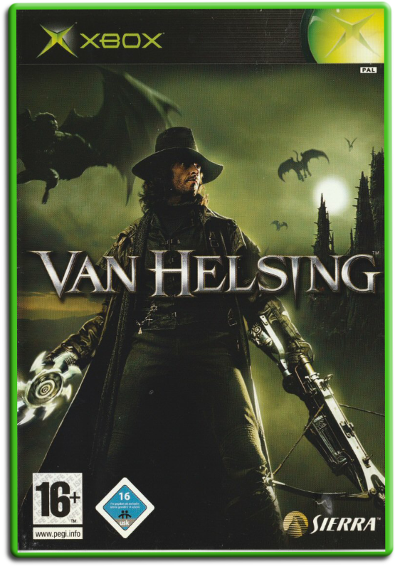 Van Helsing Xbox Original PAL front cover art featuring Hugh Jackman as Van Helsing with glowing green orb and castle background